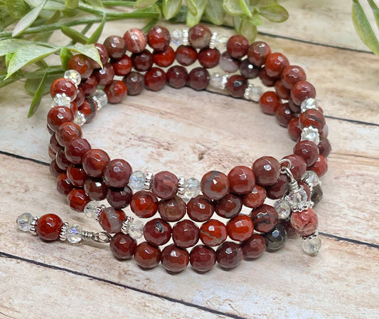 Faceted Red Apple Jasper & Glass Crystal Wrap