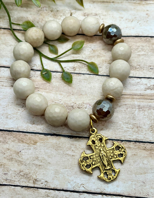 Cream Coral & Tigers Eye Rosary Bracelet